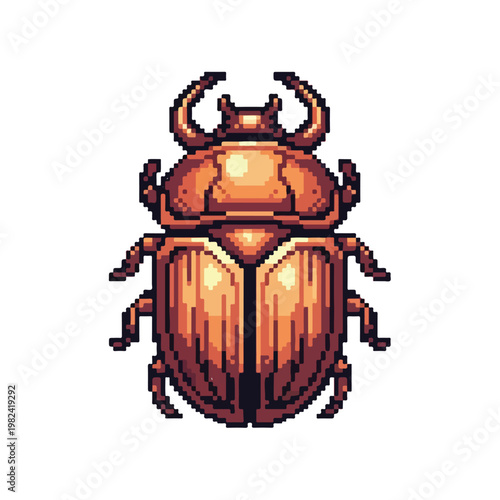 A detailed pixel art graphic of a shiny bronze-colored beetle featuring prominent mandibles and segmented legs, isolated on a white background.