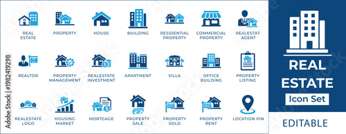 Real Estate Icon Set Business, Property, and Housing Symbols for Marketing and Investment - Editable Vector Graphics for Your Projects