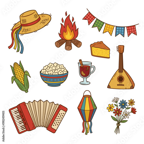 Festa Junina symbols including hat, bonfire, accordion, and food