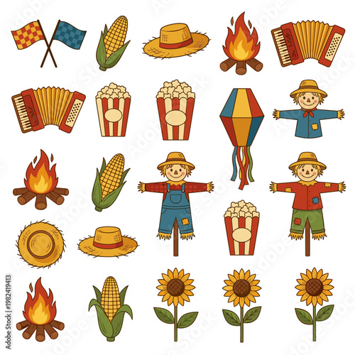 Festa Junina decorative elements including scarecrows, bonfires, and accordions