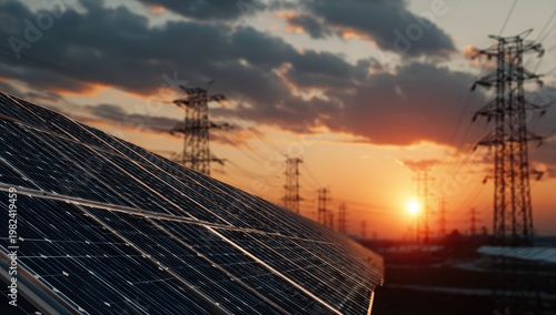 A solar panel array basks in the warm glow of a sunset, with power lines silhouetted against the vibrant sky, symbolizing renewable energy and technological advancement.