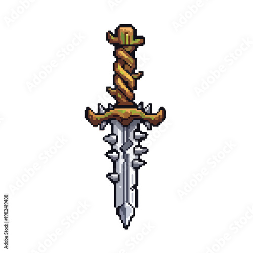 A pixel art illustration of a fantasy spiked dagger with a spiraling wooden handle entwined with green vines on a white background.