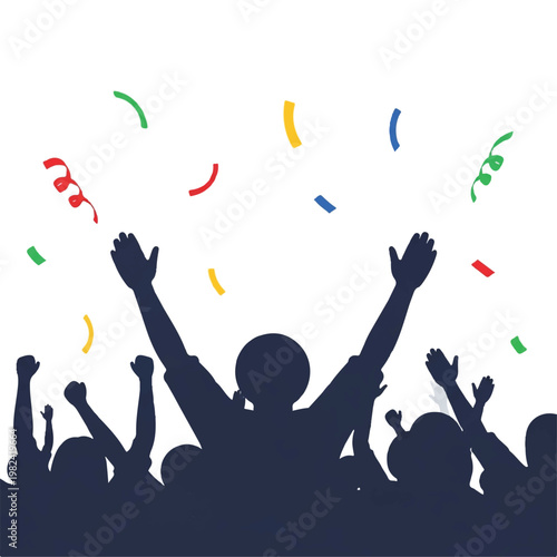 A minimalist flat vector illustration of simplified fan silhouettes raising their arms in celebration, confetti elements, clean white background, vibrant but limited color palette, flat vector