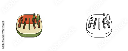 Desktop cable management organizer in flat color and black line styles representing wire tidy and charging accessory solutions for office gadgets on white background