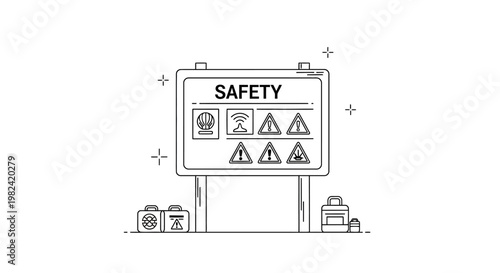 Industrial Workplace Safety Signage Board Illustration with Warning Icons and First Aid Kits in Line Art Style