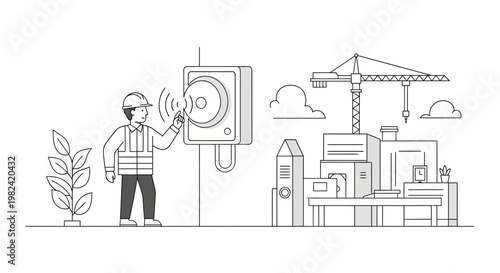 Construction Worker Pressing Emergency Alarm or Smart Sensor on Building Site, Vector Illustration of Workplace Safety and Industrial Security Concept