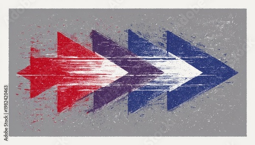 A series of distressed arrows transition from red to blue to white, suggesting progression or transformation.