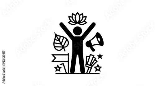 Activist Icon with Lotus Leaf Megaphone and Flag