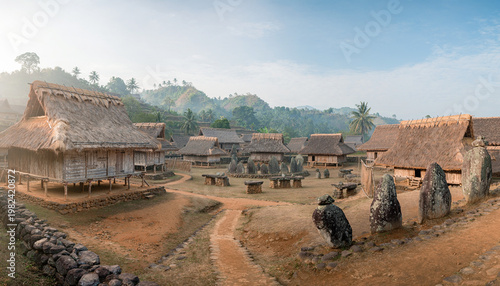Wide Shot of Traditional NTT Village with Multiple Thatched Roof Houses, Standing Megalithic Stones, and Red Dirt Paths Surrounded by Tropical Forest and Morning Mist