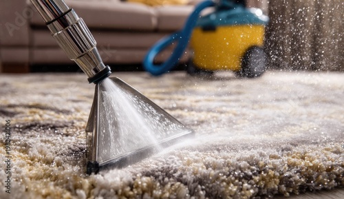 A close-up shot depicts a carpet being professionally cleaned with a powerful water extraction machine.