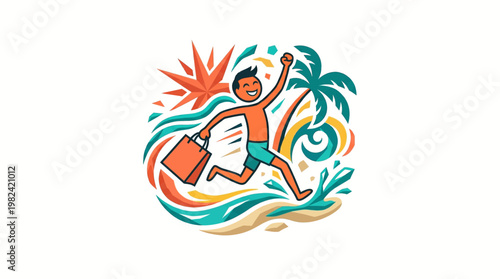 Joyful Man Running to Beach with Shopping Bag