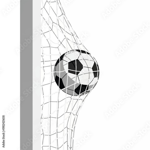 A close-up minimalist vector of a soccer ball hitting the corner of a goal net. The net is represented by a clean white grid pattern. Sharp geometric lines, high contrast, solid block colors.