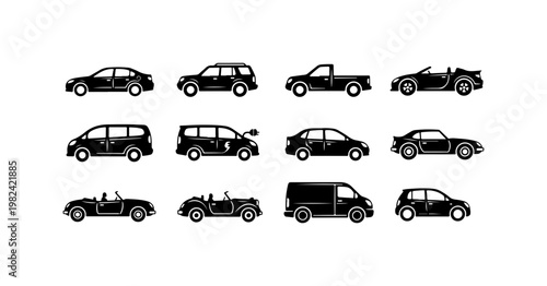 Black Vehicle Icons Set - Modern Car Illustrations