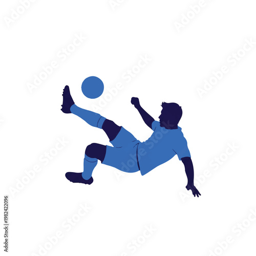 A minimalist flat vector illustration of a soccer player's silhouette performing a bicycle kick, dynamic pose, bold solid colors, large white background for copy space, energetic mood, flat