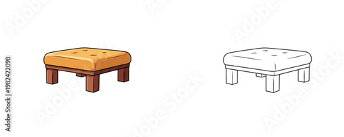 Padded square ottoman in flat color and black line styles representing comfortable home furniture and interior decor for living room comfort on white background