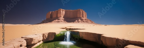 Surreal desert landscape with sandstone mesa reflected in glowing water under clear blue sky minimalist fantasy scene