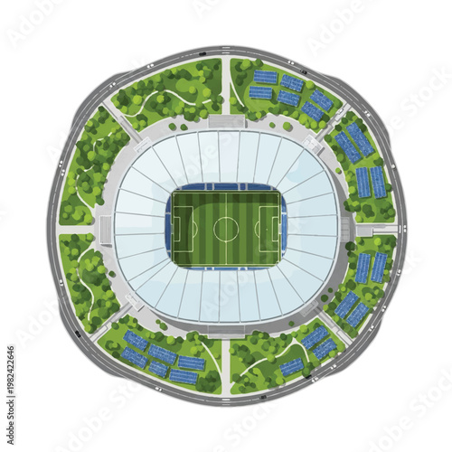 Top-down aerial view of a futuristic soccer stadium integrated with lush green parks and solar panels. High-key lighting, clean white space surrounding the arena, sustainable urban design. flat