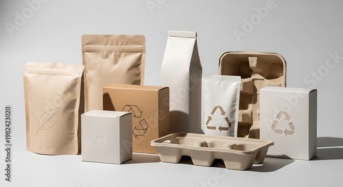 Collection of various paper and cardboard packaging items, showcasing eco-friendly materials and recycled designs