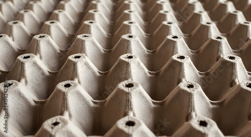 A cardboard egg carton containing multiple rows of egg cups made from brown paper pulp. Close-up details of the brown cardboard.