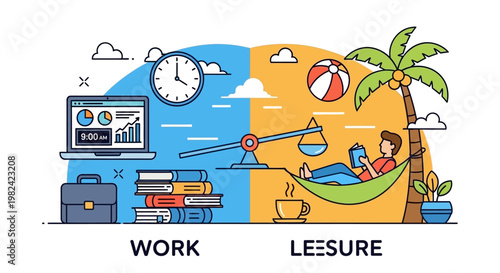 Illustration depicting the balance between work and leisure with contrasting elements.