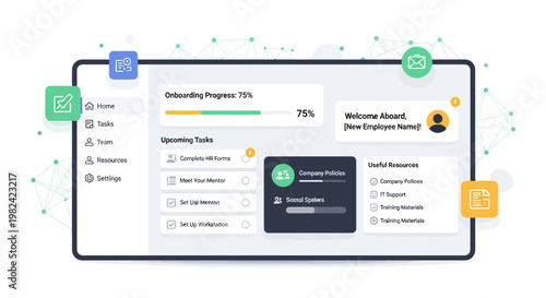 User interface design showing onboarding progress and employee wellness statistics.