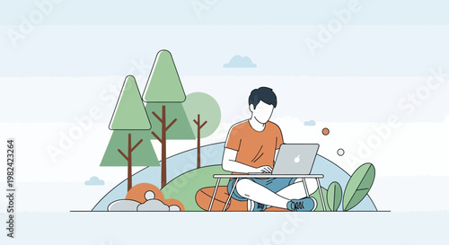 Young man sitting outdoors working on laptop surrounded by nature and trees.