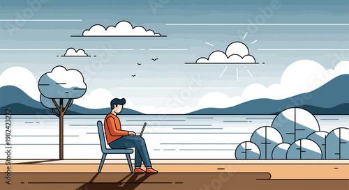 Man sitting outdoors working on a laptop by the lake with trees and clouds in the background.