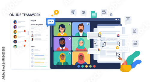 Online teamwork and virtual collaboration through video conferencing platform with chat and file sharing features.