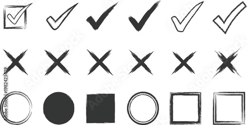 Collection of hand drawn checkmarks x marks and basic geometric shapes