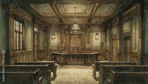 An intricately detailed watercolor illustration depicts a historic courtroom with ornate wooden paneling, tall windows, and rows of benches, evoking a sense of solemnity and legal tradition.