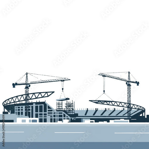 Minimalist illustration of a futuristic stadium under construction in North America, cranes lifting beams, vast white background, clean geometry, bright day lighting, flat vector illustration,