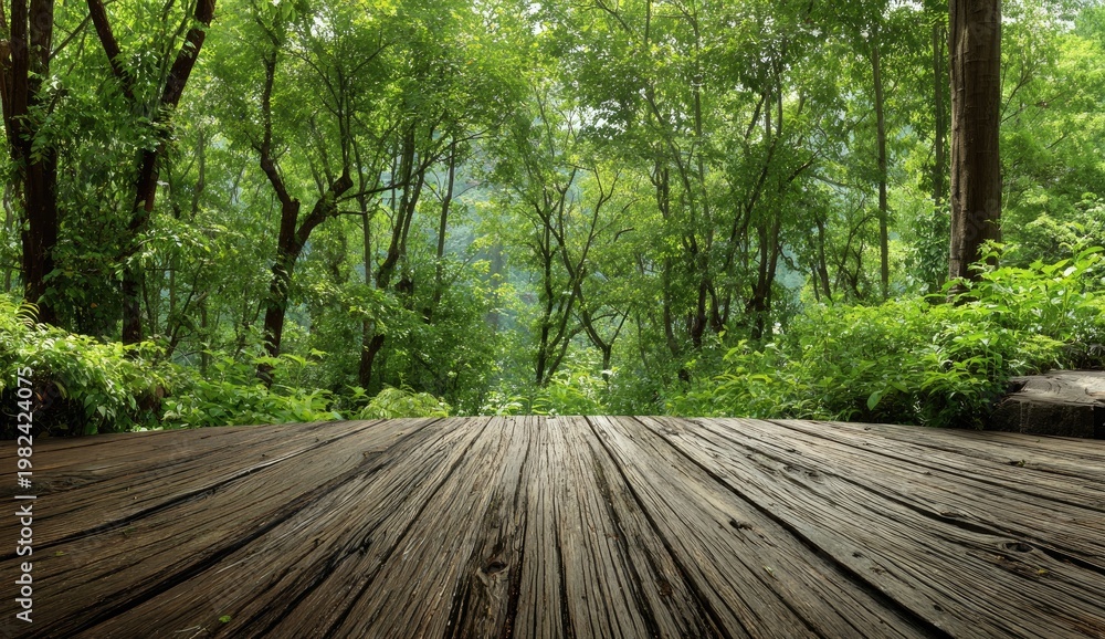 Fototapeta premium A wooden platform extends into a lush, vibrant forest scene, showcasing a tranquil and immersive natural environment.