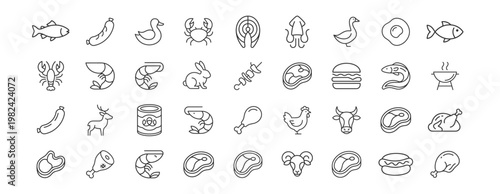 set of meat and seafood line icons including fish shrimp steak chicken drumstick crab lobster sausage and other related food symbols on transparent background
