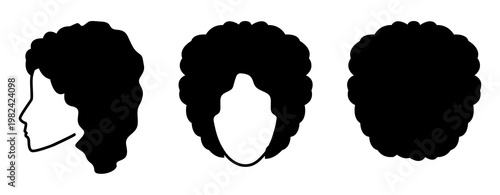 Curly Hair hairstyle silhouette front profile back view, soft curls shape volume texture structure clean outline for icon, avatar, logo, minimal beauty graphics, fashion illustration