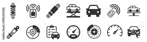 car repair and maintenance icon set with suspension, remote control, lift, speedometer, brake disc and checklist on transparent background