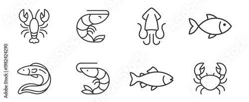 seafood animal icons including lobster shrimp squid fish eel crab vector illustrations on transparent background