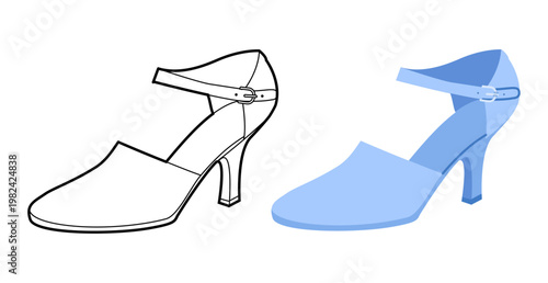 Closed toe sandal women blue heel flat plus line set. Covered front dress footwear, travel day to night outfit. Technical fashion illustration, CAD mockup, mixed vector men unisex isolated chic style.