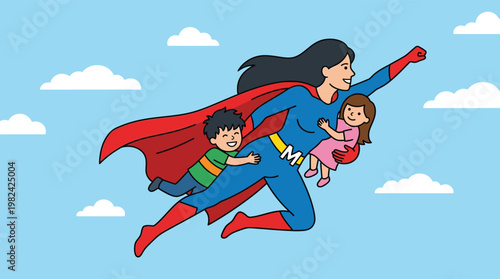 Powerful Superhero Mom Flying with Two Kids in the Sky Flat Vector Illustration for Mothers Day and Parenting Concepts