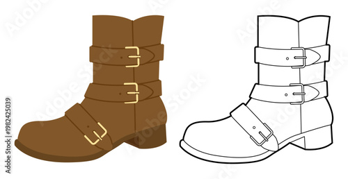 Brown harness boot women color plus line set. Triple buckle mid calf boot for lookbook page and branding project. Technical fashion illustration CAD mockup mixed vector man unisex isolated style.