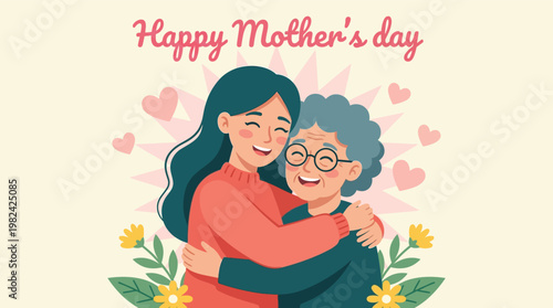 Happy Mothers Day Illustration with Adult Daughter Hugging Elderly Mother or Grandmother in Flat Vector Style