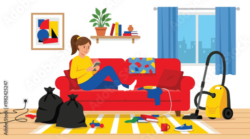 Young Woman Procrastinating and Using Smartphone in Messy Living Room Instead of Cleaning Illustration