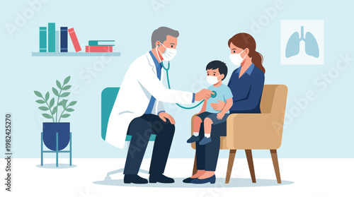 Professional Doctor Doing Medical Checkup for Child Wearing Face Mask in Pediatric Office Illustration