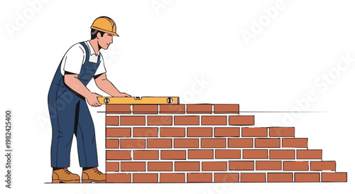 Bricklayer Using Spirit Level to Check Wall Construction