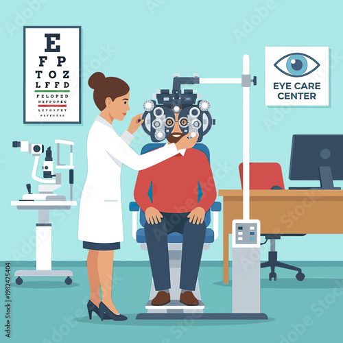 Doctor conducting eye exam on patient.