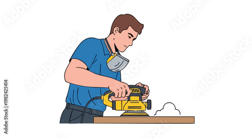 Man sanding wood with electric sander and respirator mask, flat cartoon illustration