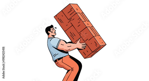 Man struggling to lift a heavy brick in a colorful illustration, depicting burden and hard work