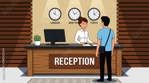 Modern Hotel Reception Desk Illustration with Smiling Receptionist Greeting Guest and Global Time Zone Clocks