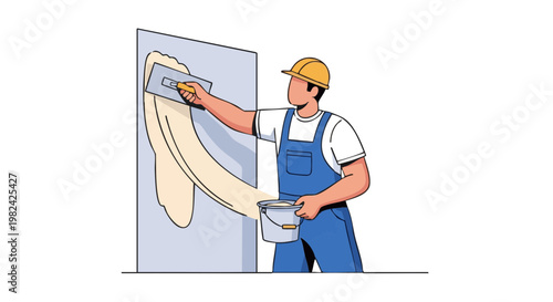 Construction worker plastering wall with wide trowel and bucket