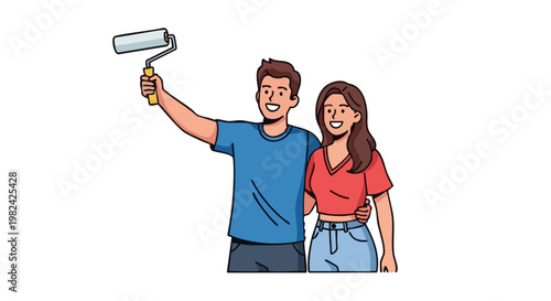 Smiling couple painting together with a roller