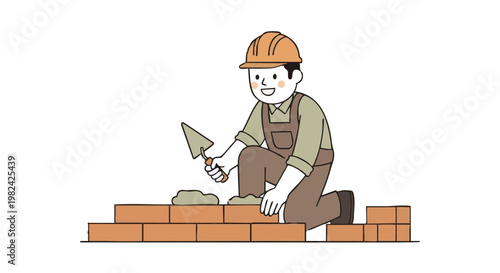 Smiling man laying bricks illustration with a trowel and mortar